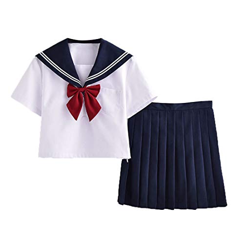 

Aculldo Sailor Uniform, Short Sleeve, Girls School Uniform, High School Girl Uniform, 3-Piece Set, JK Uniform with Two White Embroidered Strips and N