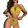 Sexy Mesh Two-piece Set with Hollowed Out Perspective Iron Rings Hanging Neck Straps Bikini Lingerie and Fishing Net Suit