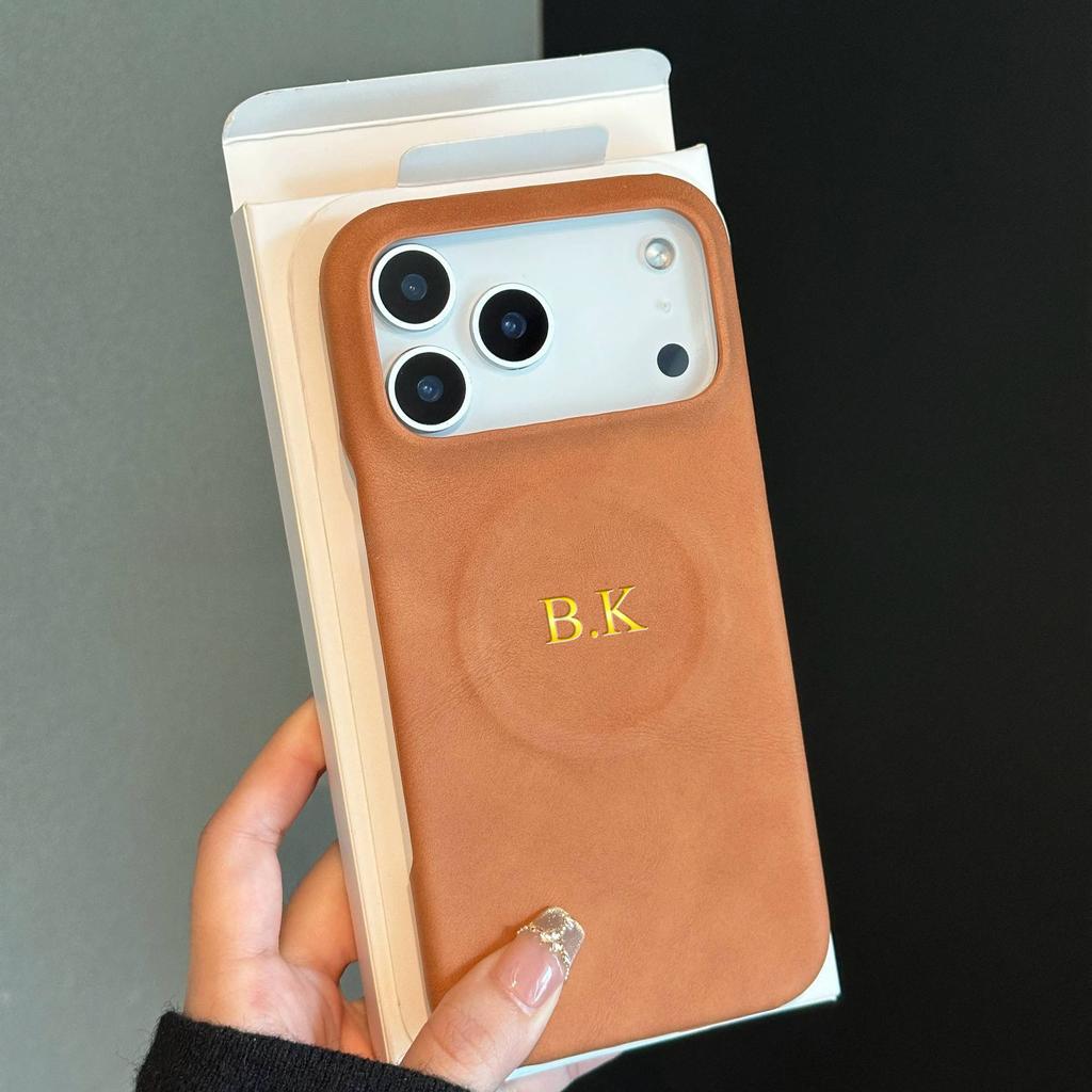 Custom Name Retro Faux Leather Magnetic Wireless Charging Case For iPhone 17 16 15 14 13 Pro Max 17 Air Hot Gold Foil Stamping