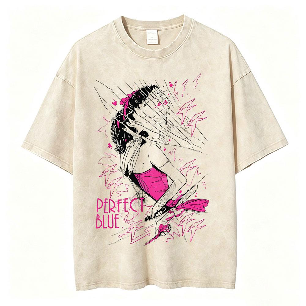 Vintage Washed Anime Perfect Blue A Satoshi Kon Film Mima Kirigoe TShirts Mens Women Fashion Oversized Short Sleeve T Shirts