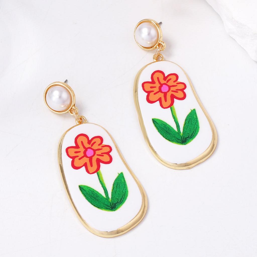 Simple, Fashionable, Fresh and Sweet Alloy Printed Flower Imitation Pearl Pendant Geometric Earrings, Versatile for Commuters