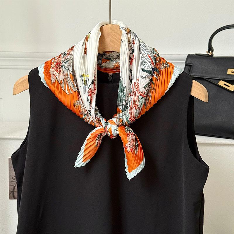 

Wrinkled square scarf women s new imitation silk printing silk scarf high-end headscarf headband pleated small scarf shawl