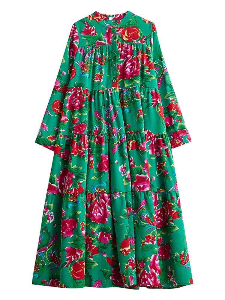 Xitao Vintage Print Dress Contrast Color Fashion Ethnic Style Women Long Sleeve Loose Women HQQ2218
