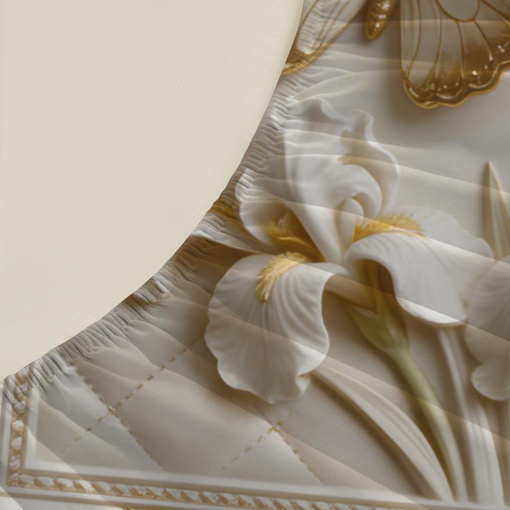 Elegant Quilted Fitted Sheet Set White With Gold Butterflies And White Flowers With Pillowcases For Bedroom Decor