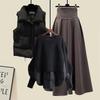 Women Large Loose Fake Two-piece Sweater Versatile Vest Slimming Half Skirt Three Piece Set