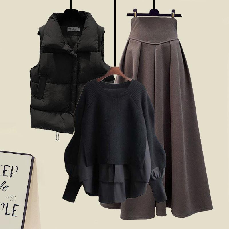 Women Large Loose Fake Two-piece Sweater Versatile Vest Slimming Half Skirt Three Piece Set