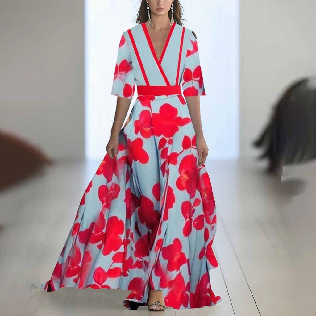 Ladies' Casual And Fashionable Solid Color Printed Patchwork V-neck Long  Dress