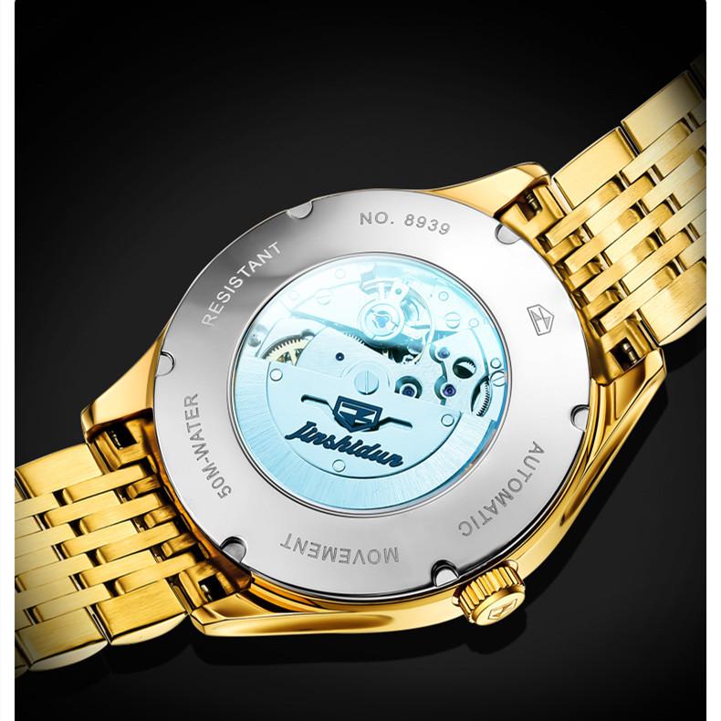 JINSHIDUN Nové pánské hodinky pro podnikání a volný čas Dual Calendar Plně automatické mechanické hodinky Intarzované pánské hodinky nejvyšší třídy