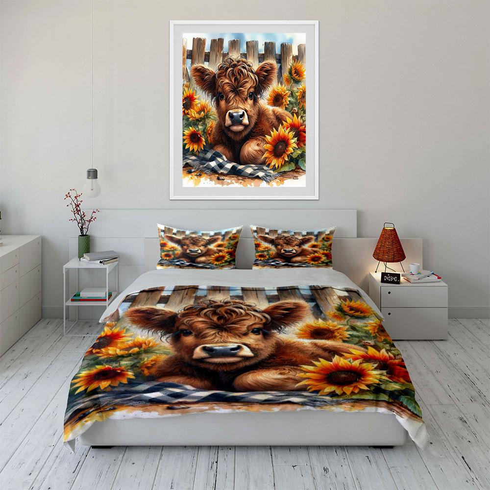"""Hochlandkuh mit Sonnenblumen" Bettwäsche Bettbezug-Set Bettbezug Kissenbezüge""" (1 * Bettbezug 2 * Kissenbezüge, ohne Bettdecke)