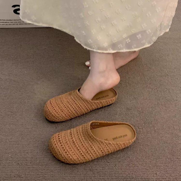 French niche woven hollow breathable slippers summer outer wear bag head Muller slippers outer wear