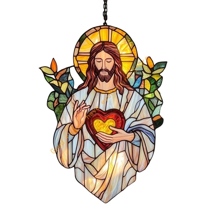 Stained Glass Window Hanging Christ Jesuses Suncatchers Colorful Glass Panel with Metal Chain for Yard Garden Ornament 55KF
