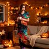 Women's V-Neck Short Sleeve Scrub Set with Pockets, Halloween Print Top and Pants for Uniform