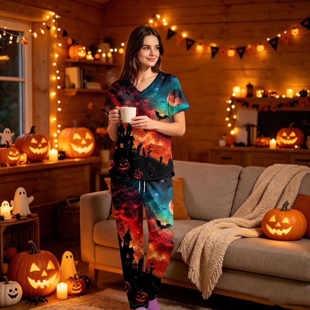 Women's V-Neck Short Sleeve Scrub Set with Pockets, Halloween Print Top and Pants for Uniform