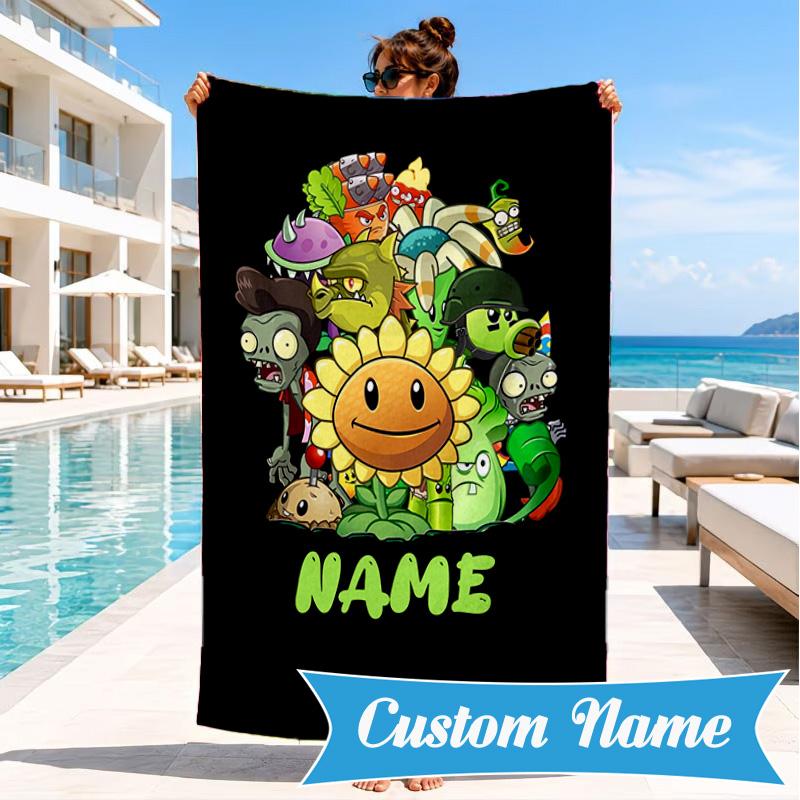 Custom Name Beach Towel Zombies Battle Microfiber Beach Towel, Lightweight for Summer Travel, Swimming Pool Fan Birthday Gift