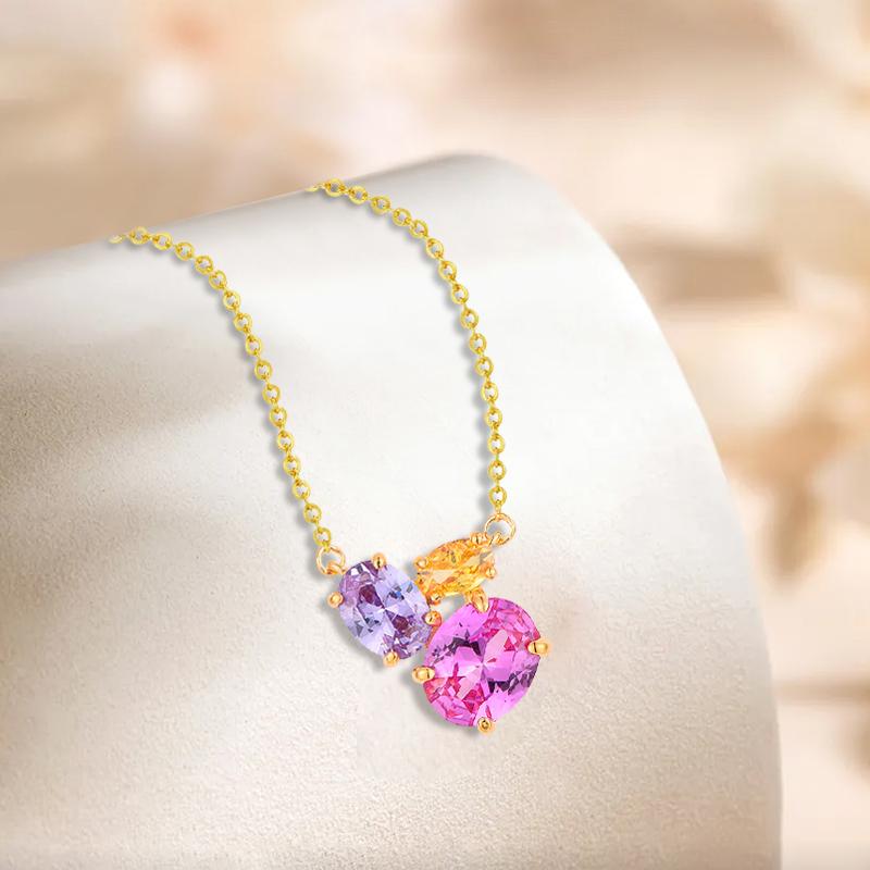 Original 925 Sterling Silver Rainbow Fancy Cubic Zircon Three Stone Pendant Necklace for Women