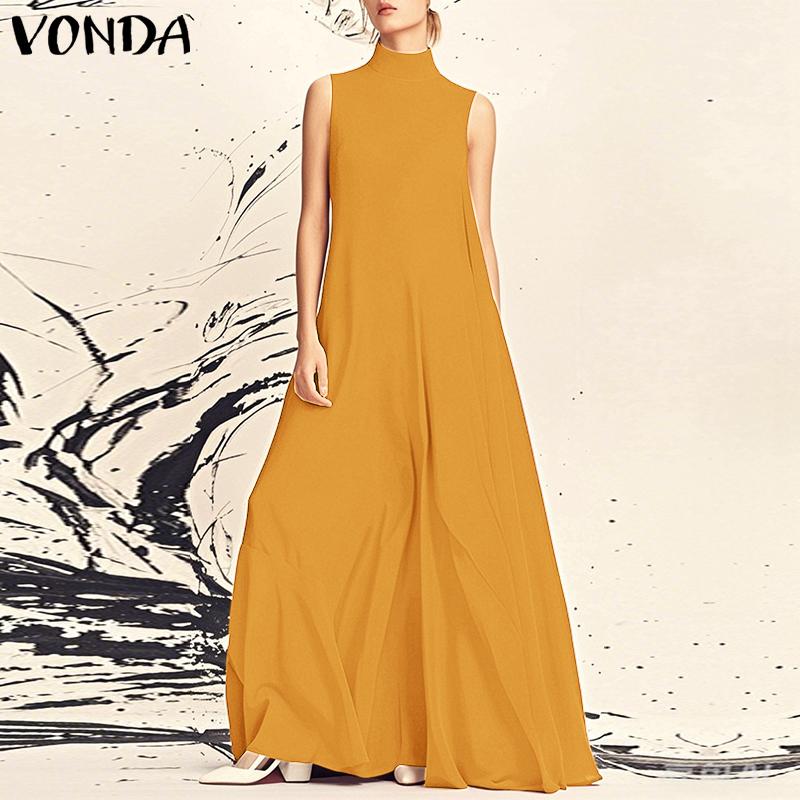 VONDA Women Summer Stand Collar Sleeveless Solid Color Dresses