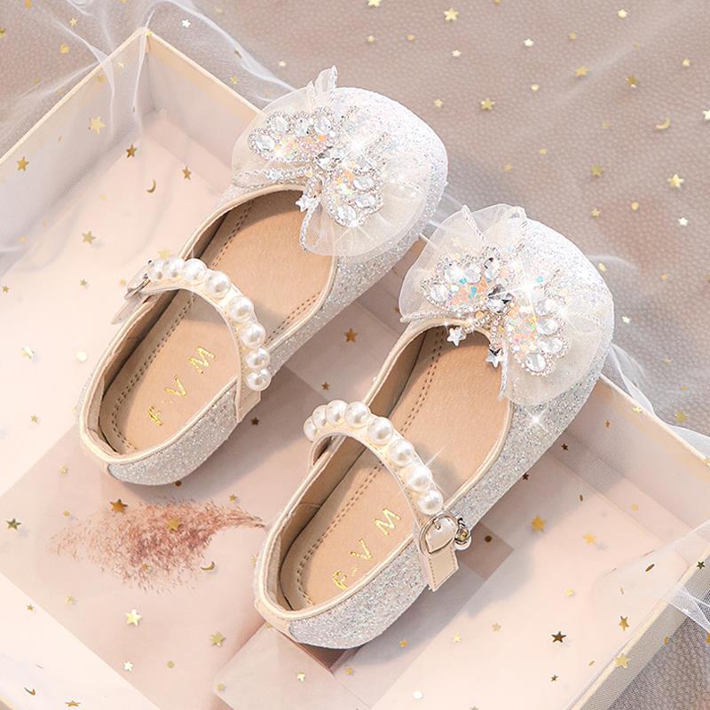 2026 Spring/Autumn Girls' Princess Leather Shoes - Shiny Crystal Rhinestone Baby Flats