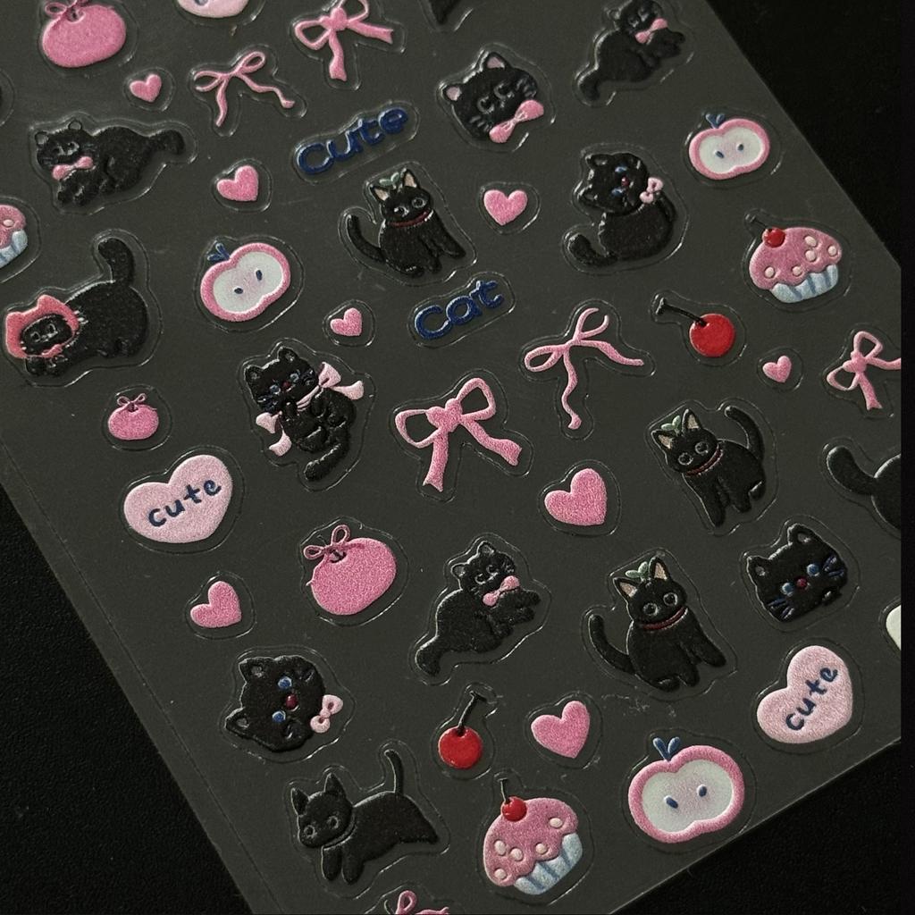 5D Embossed Black Cat & Pink Bow Themed Nail Decals - Sweet Cupcake and Apple Aesthetics, for Cat Lovers- Adorable Accessorize for Nails