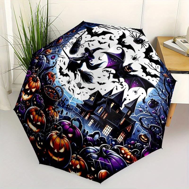 

1pc Bat Witch Pumpkin Halloween Pattern Beautiful Looking Automatic Folding Fashion Umbrella, 3 Folding, 8 Pole Frame Design, Durable and Suitable for