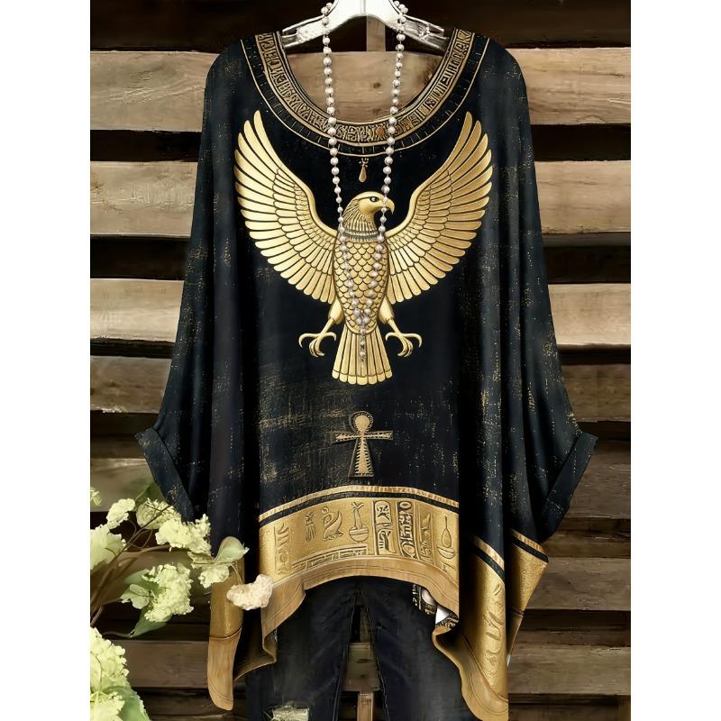 Fashion New Arrival Plus Size Bastet Egyptian Cat Goddess Print Women's Top Elegant Casual Style Round Neck Long Sleeve T-Shirt