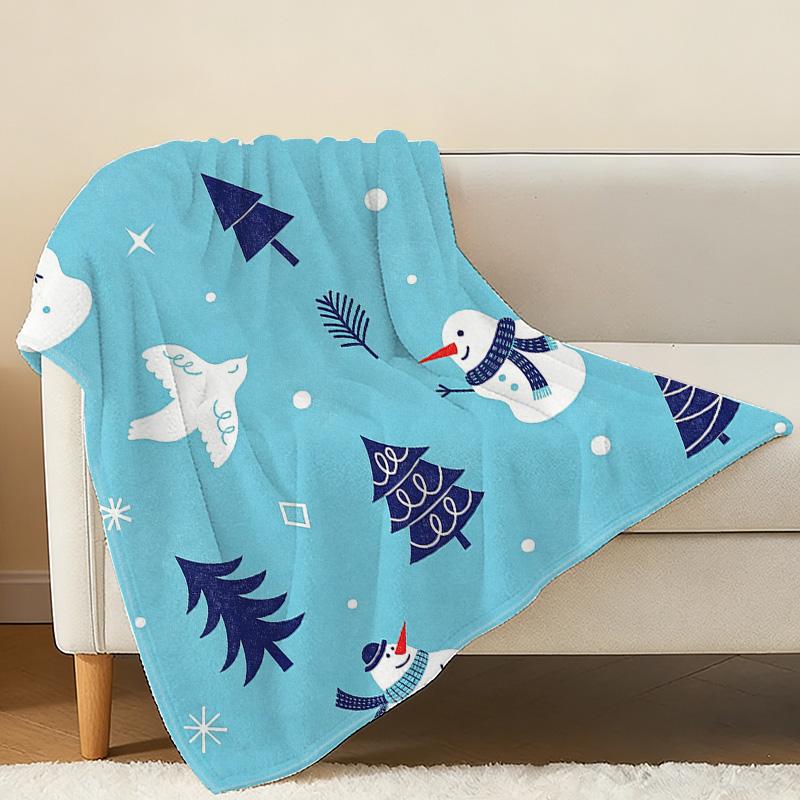 Christmas Theme Flannel Blanket - Thick Warm Soft, Cozy Home/Guest Room Single Blanket with Snowman & Christmas Tree Design