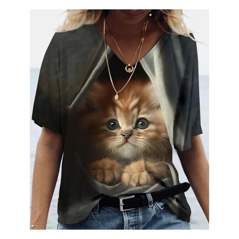 Cartoon T-shirt Women's Short Sleeve Summer Outdoor Casual V-Neck Short Sleeve Tops Oil Painting Puppy Print Plus Size Clothing
