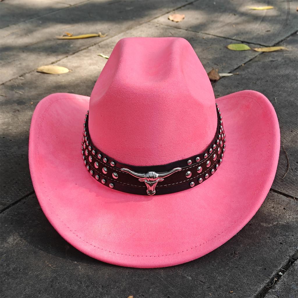 Retro Suede Leather Western Cowboy Fedora Hat For Men Women Bull Head Accessories Fashion Travel Party Hat Denim Hat Sombrero