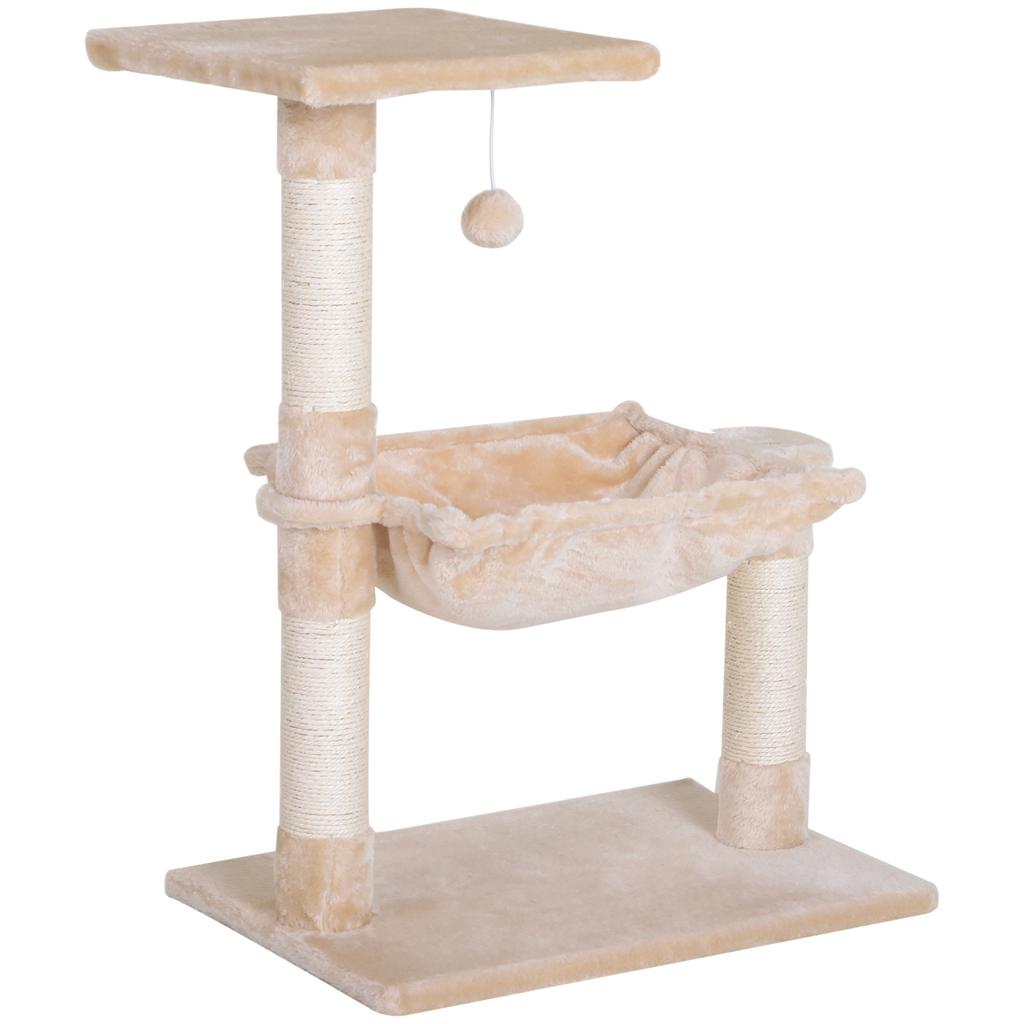 Cat Tower max 3.6kg with Hammock and Hanging Ball, Made of Wood and Plush, 50x36x70 cm, Beige