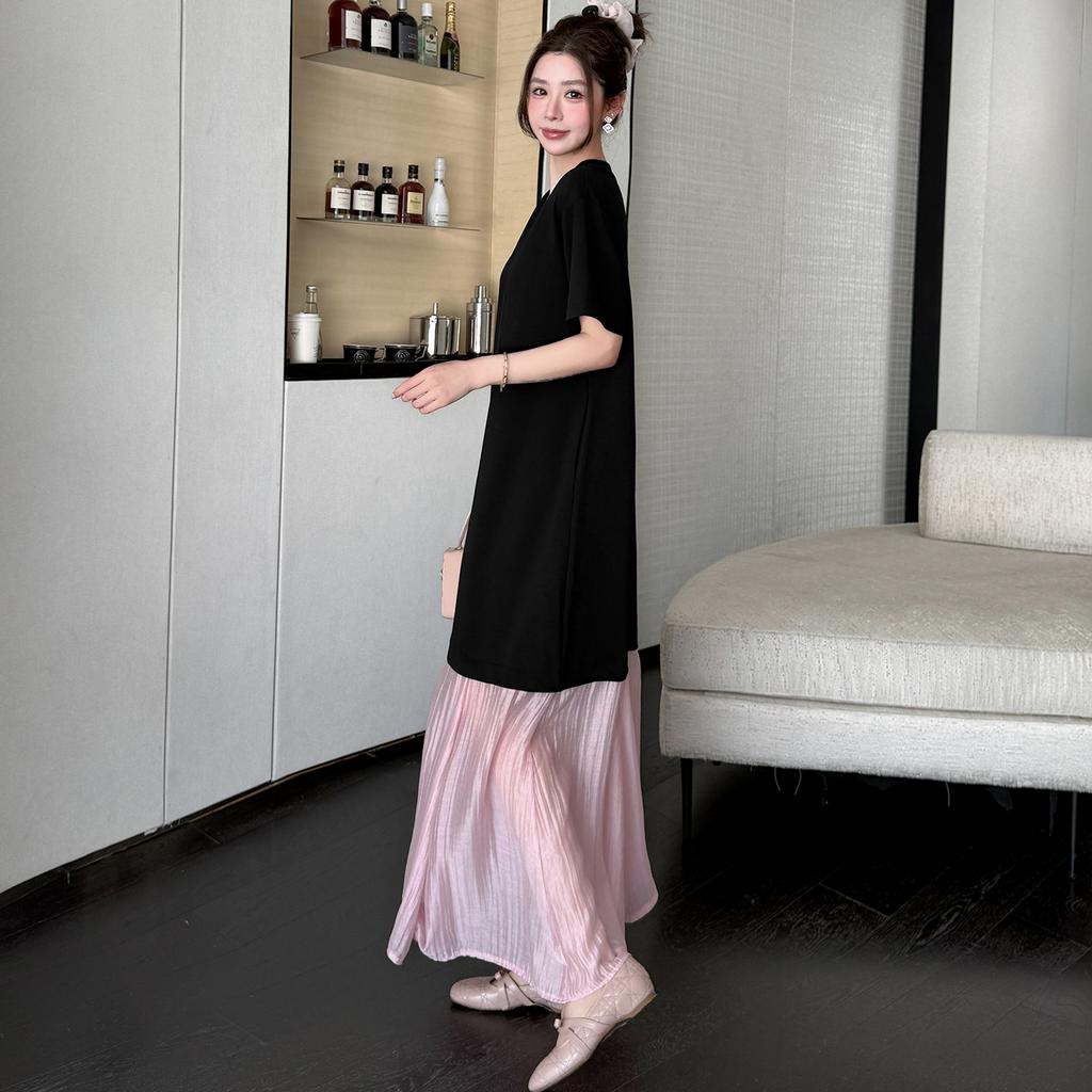 DIMANAF 2026 Summer New Plus Size Women Black Pink Color Short Sleeve Loose Shirt Dress Fashion Lady Long Dress