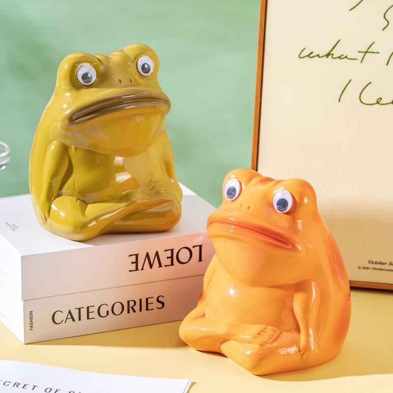 Ceramic Handicrafts Cartoon Frog Figurines Piggy Bank Big-mouthed Frog Ornament Abstract Animal Sculpture Home Decoration