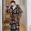 Northeast Floral Hanfu Long Hooded Cotton Coat - Unisex Loose-Fit, Warm, Trendy Cold-Protection Jacket