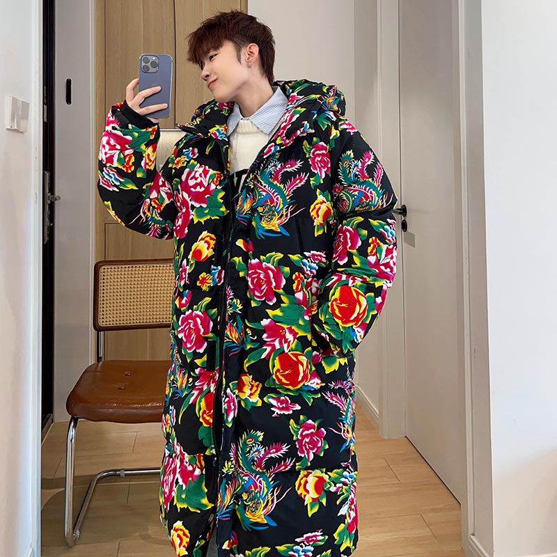Northeast Floral Hanfu Long Hooded Cotton Coat - Unisex Loose-Fit, Warm, Trendy Cold-Protection Jacket