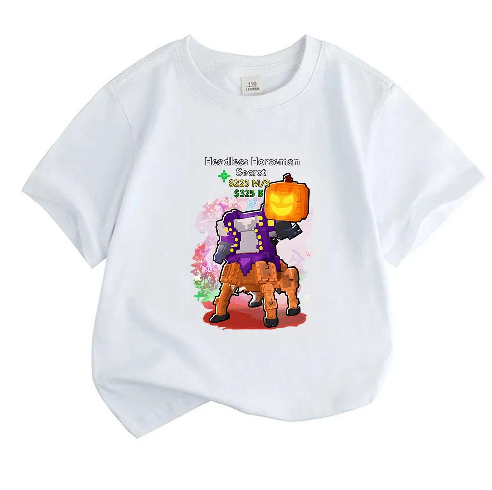 Kids Boys Girls 100% Cotton Crew Neck Short Sleeve T-Shirt, Funny Pixel Headless Horseman Pumpkin Print Casual Halloween Tees for Children Daily Wear