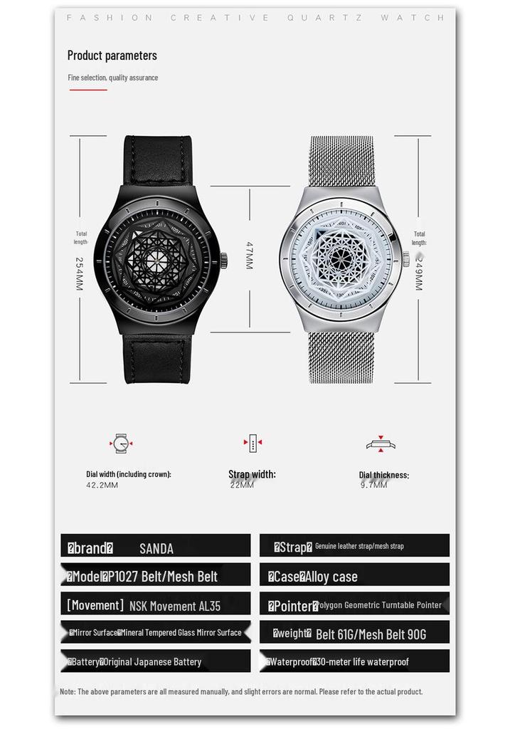 Sanda Men's Quartz Watch with Geometric Dial and Leather or Mesh Strap