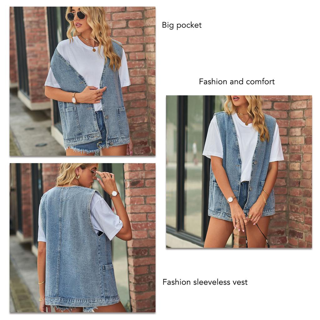 Sleeveless Vest Large Pockets Button Front Jacket Sleeveless Vest for Women Lady Dating Blue S