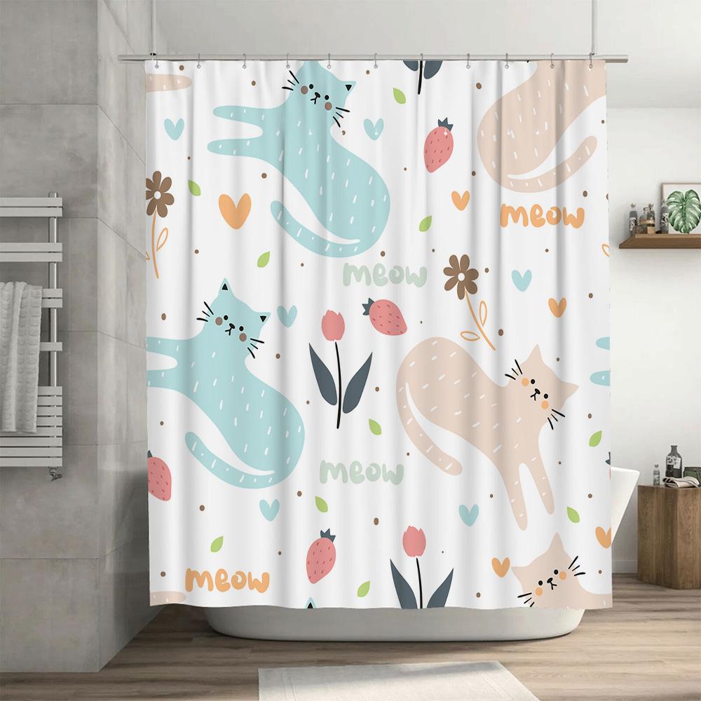 Modern Home Decor: Adorable Cat Shower Curtain Set For Bathroom Pink Blue Floral Pattern With Strawberry Design Easy Install Hoo