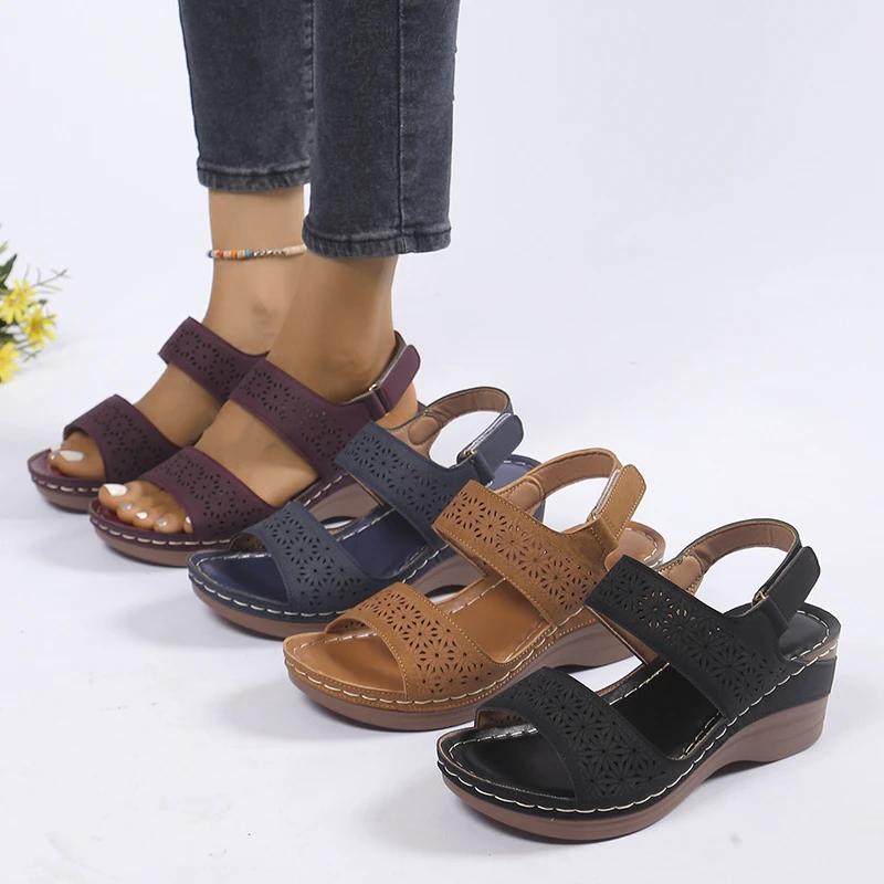 Fashion 2024 Hot Sale Shoes Female Open Toe Women's Sandals Summer Rome Hollow Solid Casual Beach Platform Wedge Large Size Sandals