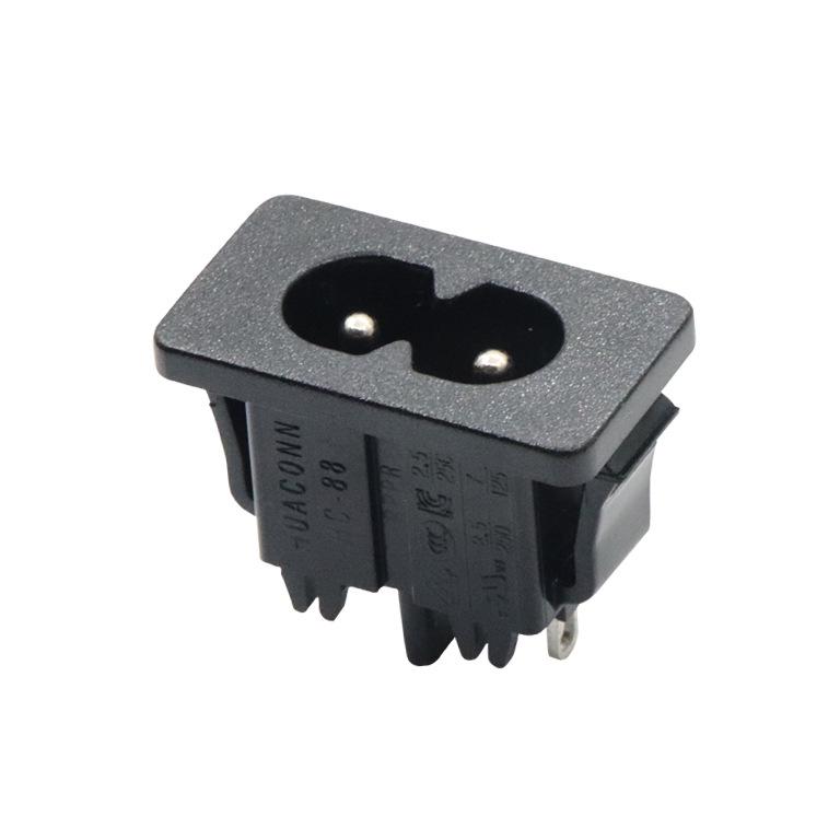 Black C8 AC Power Connector: 8-Shaped Female Socket with Two-Pin, Two-Core Design and Embedded Card-Type Tail Plug.