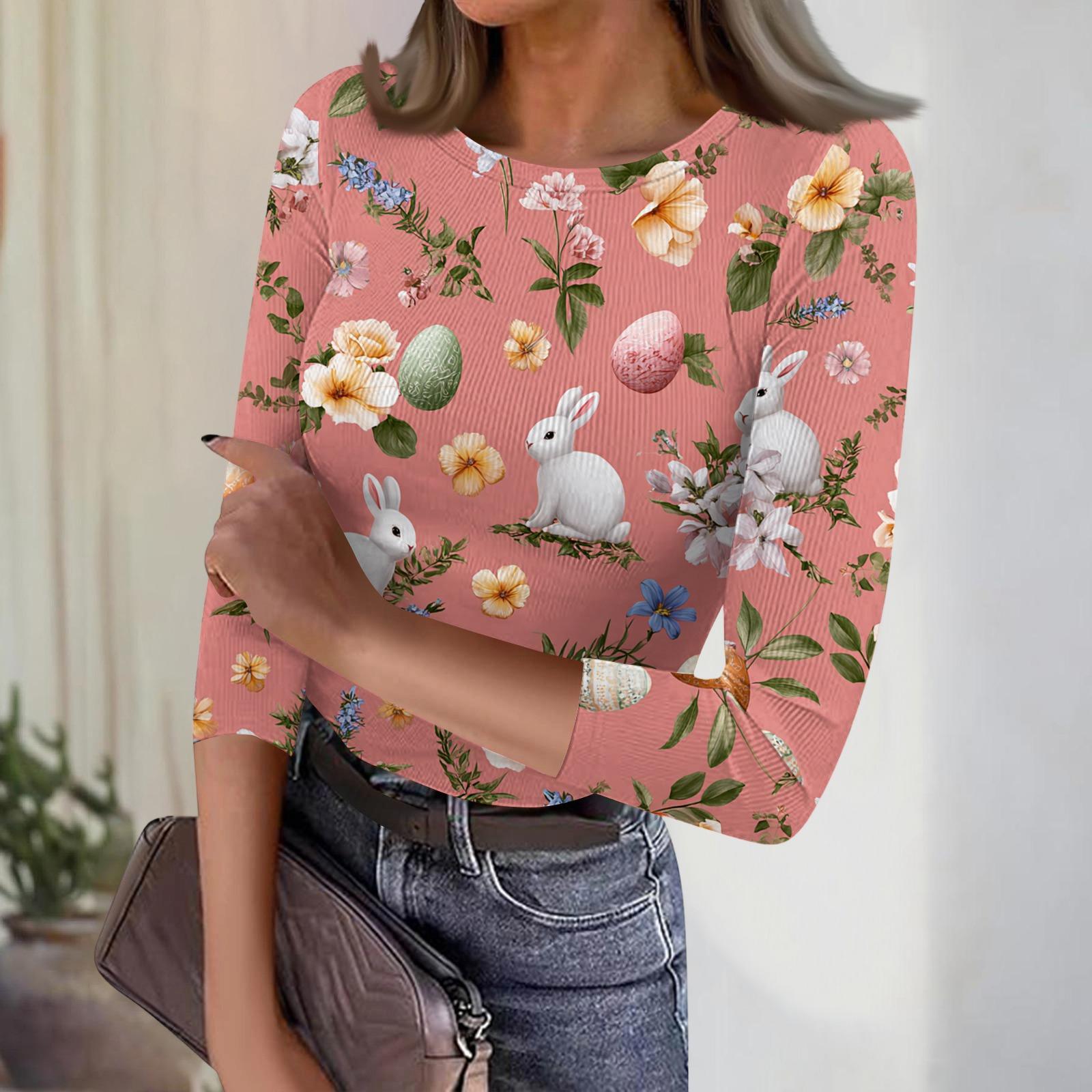 Women s Casual Fashion Round Neck Easter Print Three-Quarter Sleeve Ribbed Top S