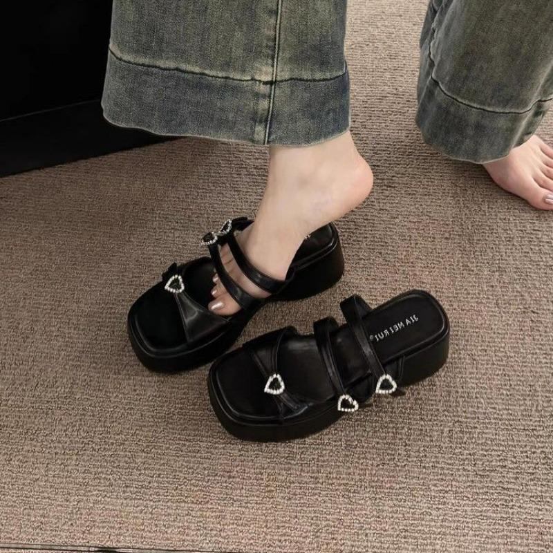 Silver Platform High Heeled Slipper Fashion Bow Party Open Toe Casual Sandals Summer Comfortable Non-Slip Beach Mule Shoe Female