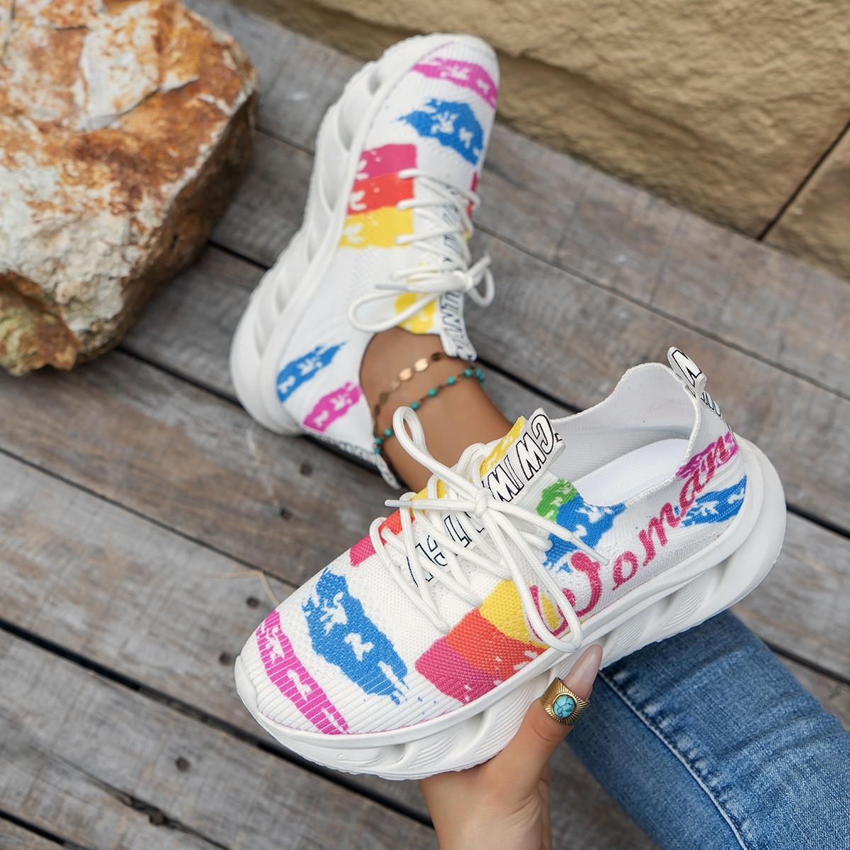 

Осень и зима новая большая женская повседневная обувь на танкетке с принтом граффити и цветочным узором, спортивная женская обувь 43 белый