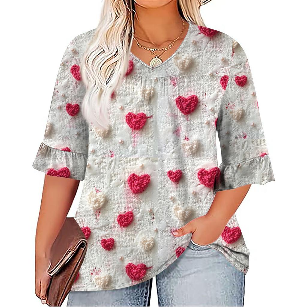 Women's Fashion Casual  Printed V-Neck Pleated Seven Minute Sleeve Ruffle Sleeve T-Shirt Plus Size Tops