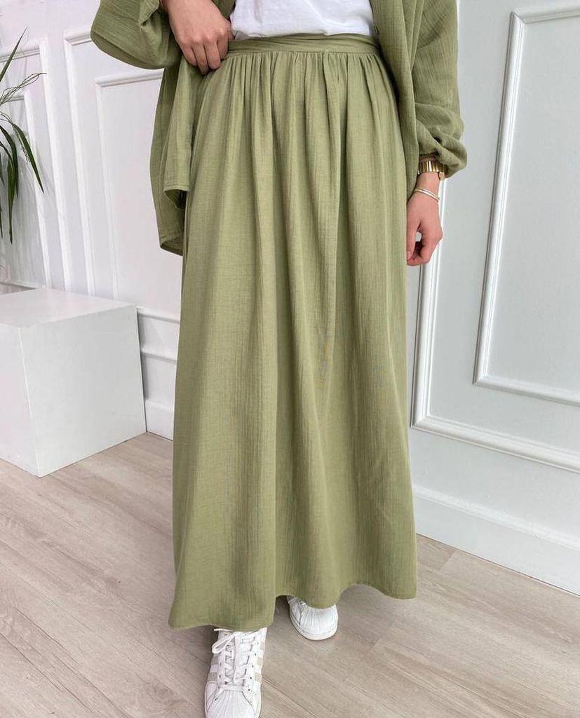 In-Stock Summer Fashion: Women's Crinkled Puff Sleeve Long Sleeve Muslim Apparel Skirt Set