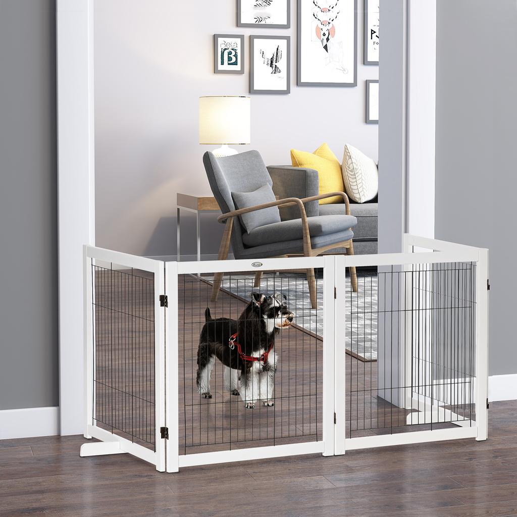 Dog Barrier Gate Freestanding Protective Gate with Feet 305 x 82 cm Wood Dog Gate Foldable Stair Safety Gate Dog Barrier Gate for Stairs, Doors