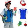 Pokemon Ash Ketchum Kids Cosplay Costume Set with Hat Vest Gloves 4-5 Years 120cm Birthday Gift Halloween Role Play Trainer Outfit