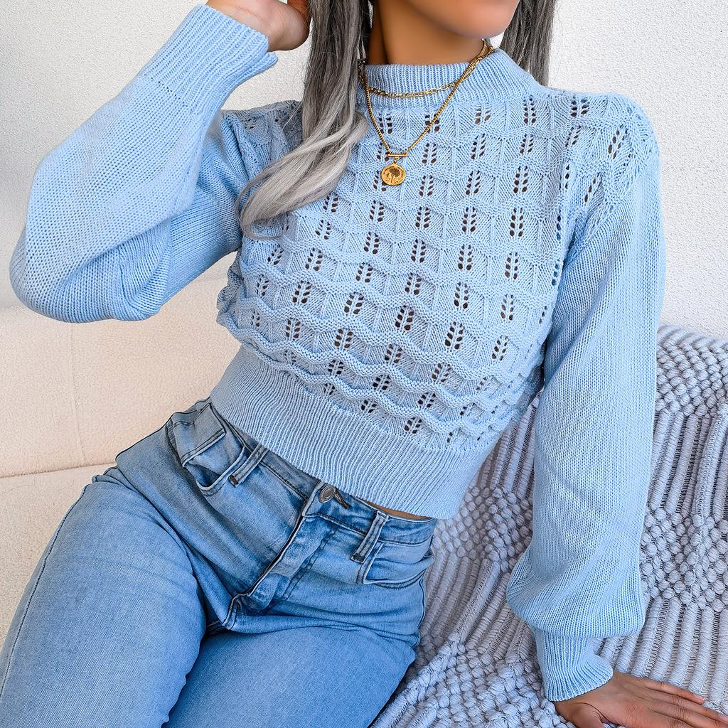 Women's Autumn and Winter Solid Color Hollow Striped Lantern Sleeve Crop Knit Sweater