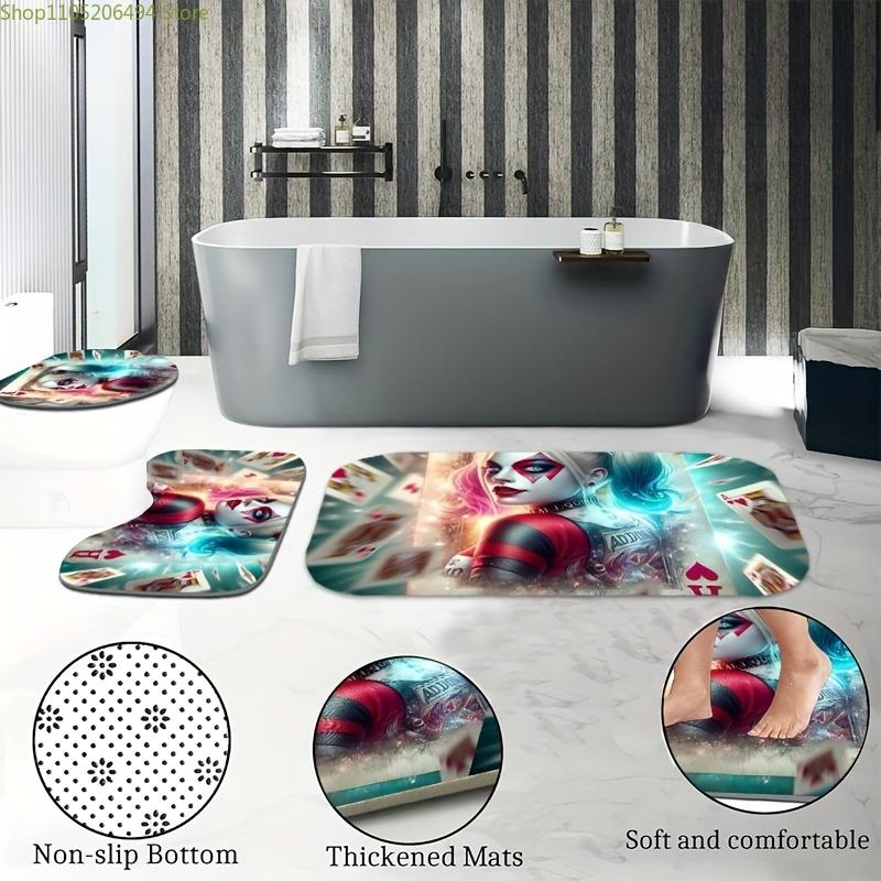 Warner Bros. 4pcs Joker & Harley Quinn Shower Curtain Set with 12 Hooks, Non-Slip Bath Mat, Toilet Lid Cover, and U-Shaped Mat