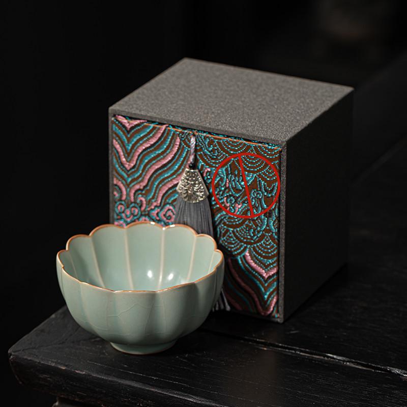 Ru Kiln Sky Blue Crackle Ceramic Tea Cup - Single Tea Tasting Bowl with High-End Gift Packaging