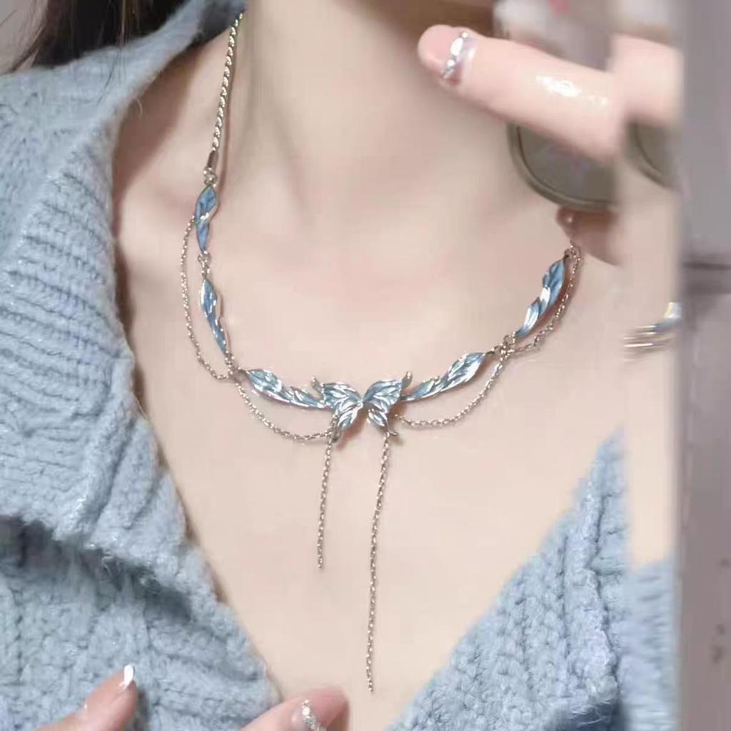 Cold Sense~ Blue Butterfly Tassel Necklace Female Design Advanced Temperament Clavicle Chain