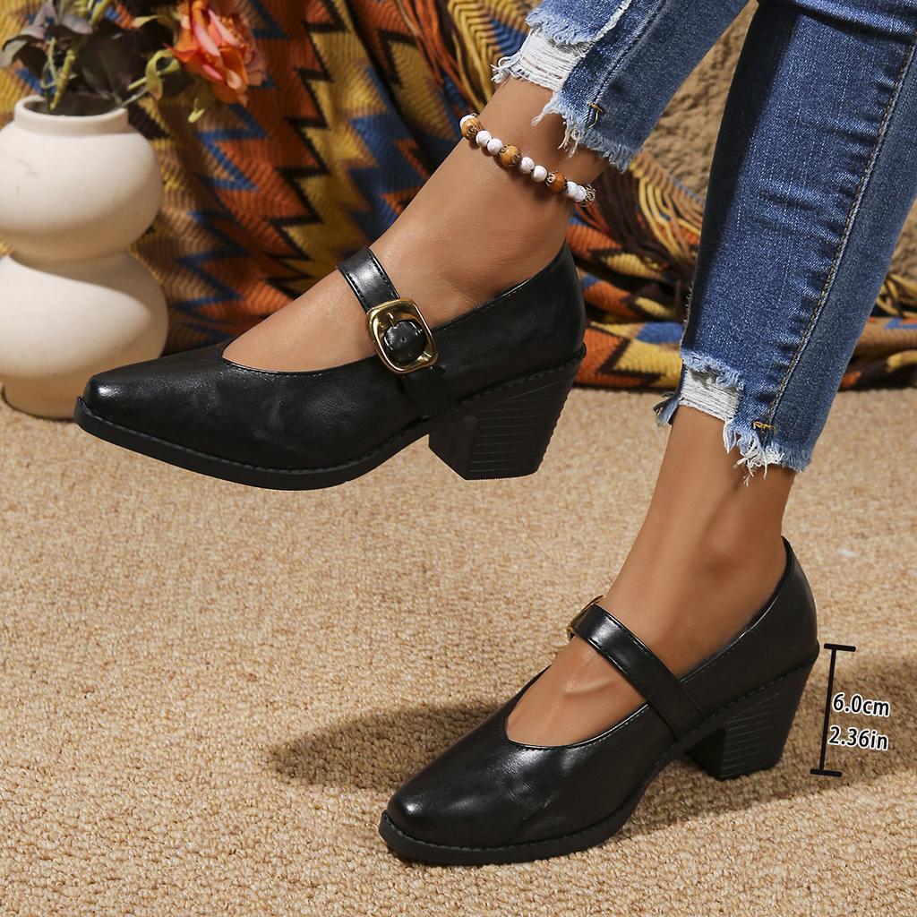 Office Ladies Elegant High Heel Pumps Brown Buckle Straps Chunky Heeled Mary Janes Women's Autumn Zapatillas De Mujer Size 36-43